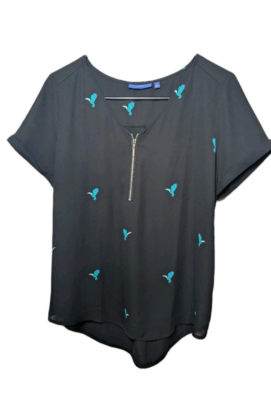 Apt.9 Blouse Shirt Blouse Women Size Medium Black Blue Birds V-Neck Stretchy Top